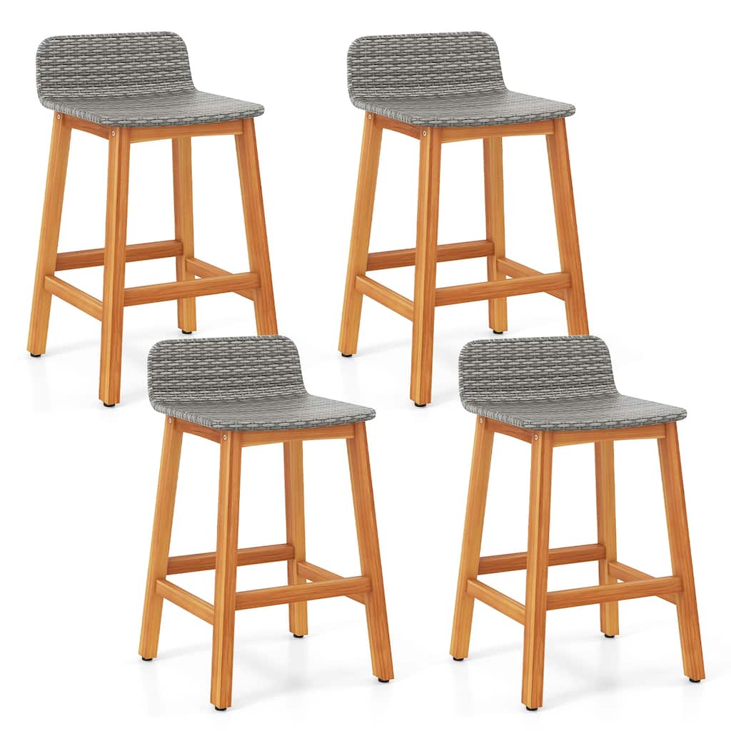 Gymax Solid Acacia Wood Bar Stools Set of 4 Rattan Bar Height Patio
