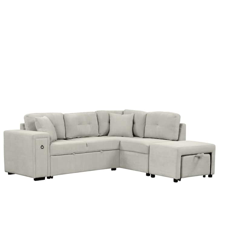 86.6" L-shaped Sleeper Sofa Bed Set with Ottoman and Cup Holders