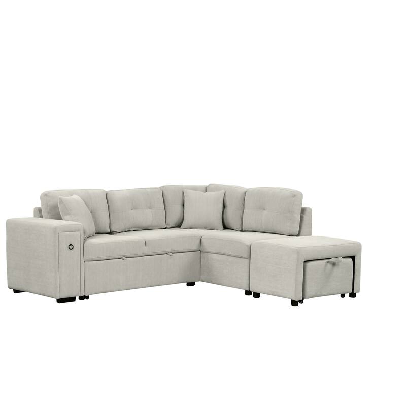 Convertible Sectional Sofa Bed with Ottoman, Chenille L-Shaped Pull Out Couch with Drawer 2 USB Ports & 2 Cup Holders