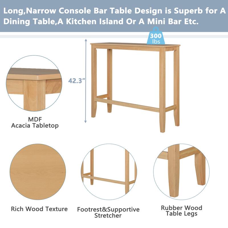 Farmhouse 48"Rectangular Wood Bar Height Dining Set Kitchen Breakfast Nook with 2 Chairs for Small Places