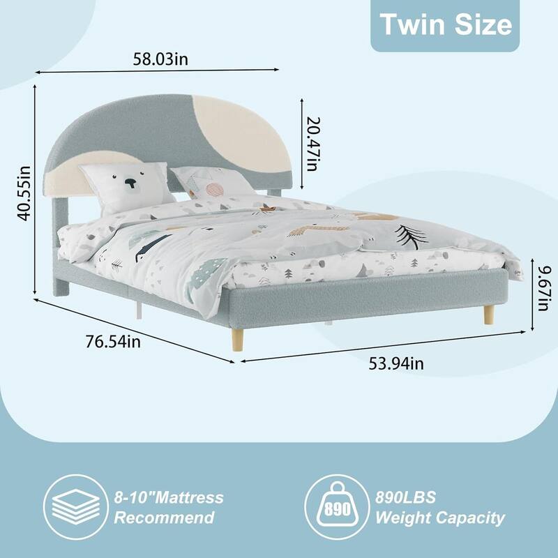Twin Bed Frame, with Wooden Slats and Round Boucle Headboard