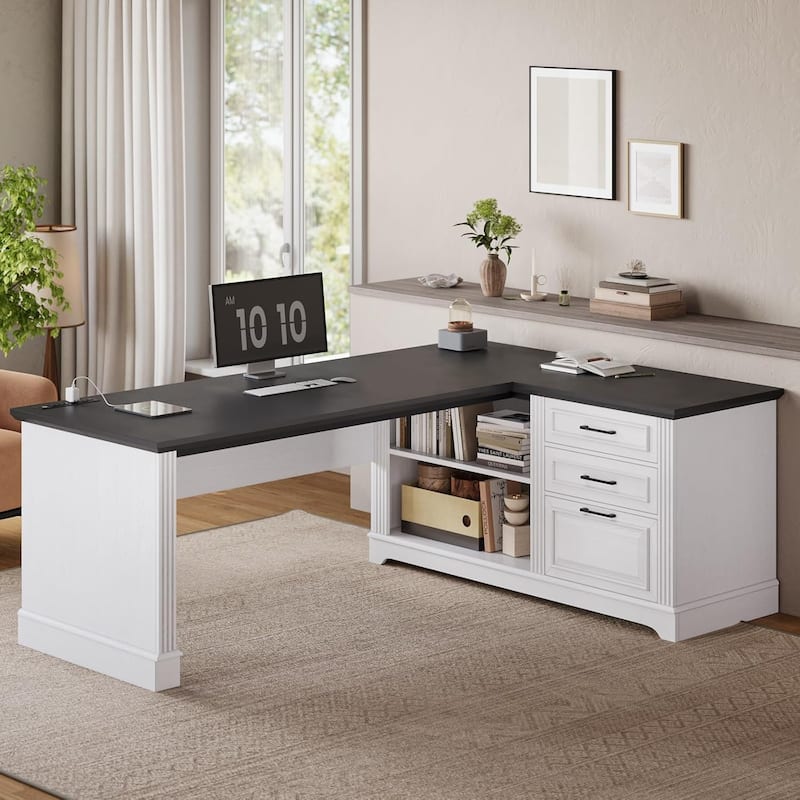 Executive L Shaped Desk Office Desk Drawers Storage Drawers Cabinet - 61" - Black