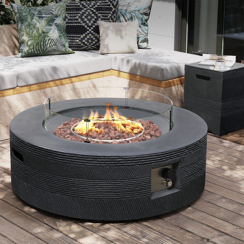 Patio Watcher 42in. Outdoor Round Magnesium Oxide Fire Pit Table with Gas Tank Cover and Wind Guard