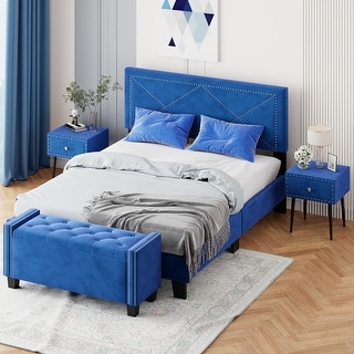4-Pieces Bedroom Sets Queen Size Upholstered Bed Frame with Rivet Design,Nightstands and Ottoman,Blue