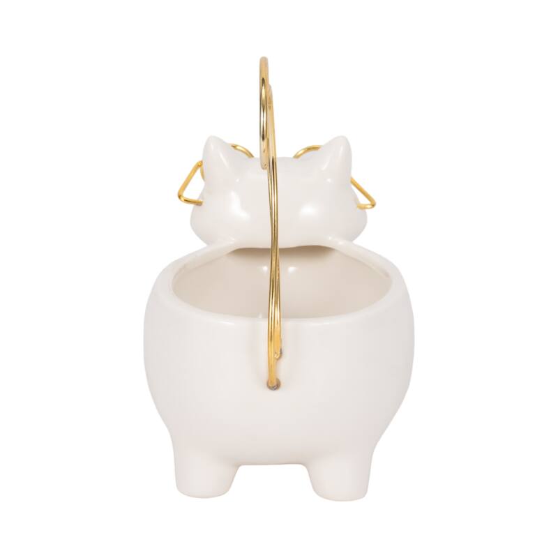 Sagebrook House Kitty Trinket Tray, White and Gold Ceramic Jewelry Holder/Organizer for Bathroom, Nightstand, Decor