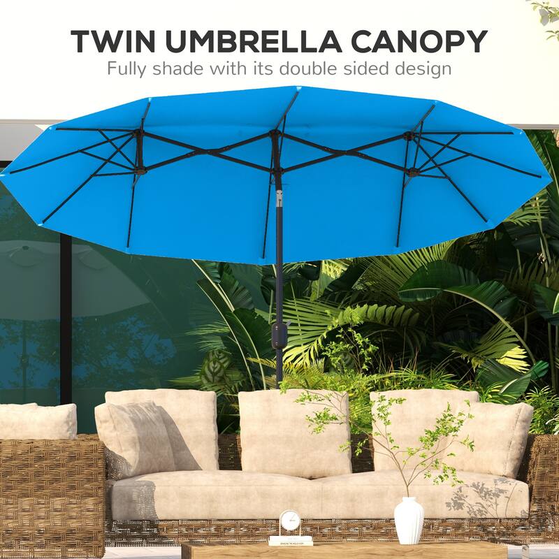 Outsunny Double-sided Patio Umbrella 9.5' Large Outdoor Market Umbrella with Push Button Tilt and Crank, 3 Air Vents and 12 Ribs