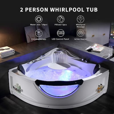 59 in. x 59 in. Left Drain Alcove Whirlpool Bathtub Corner Lighted Thermostatic Bath Tub -Rapid Drainage System in White