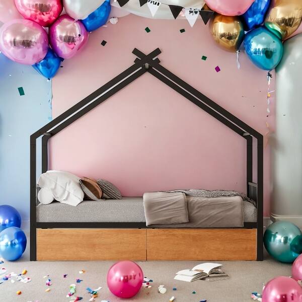 slide 2 of 28, Metal Twin Size House Bed with Two Drawers,Kids Bed Design Black