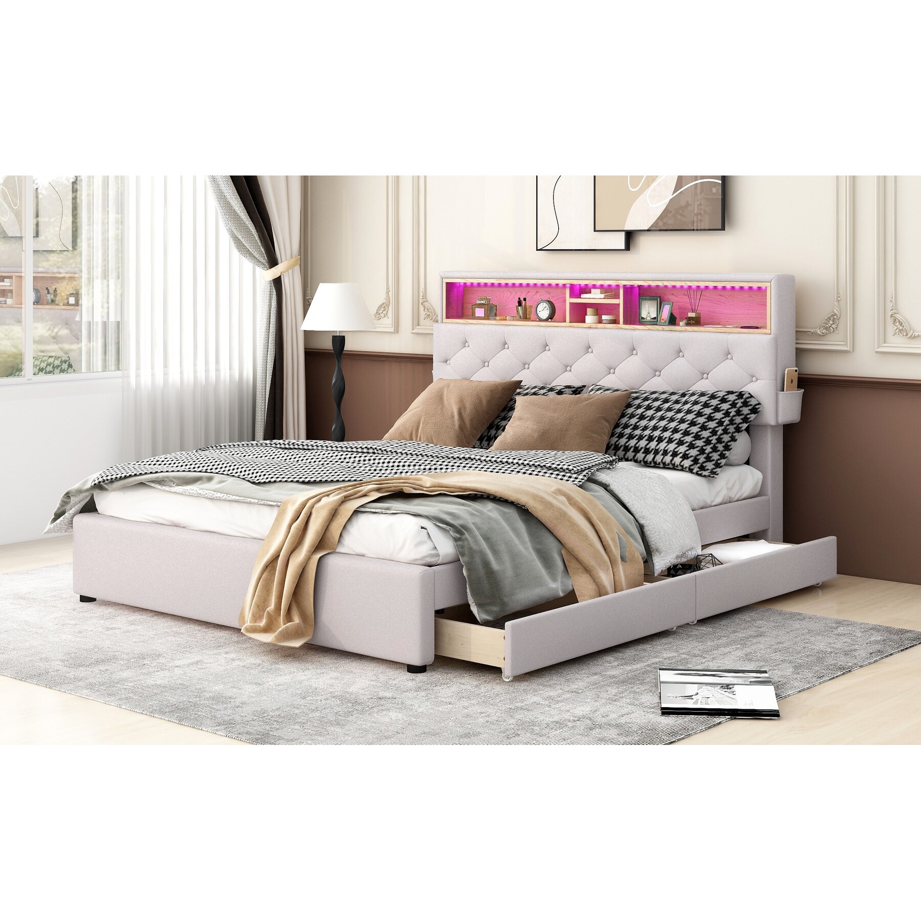 Queen Modern Upholstered Platform Bed with Storage Headboard USB