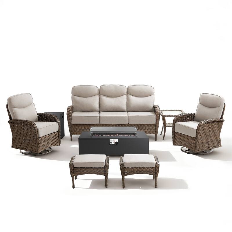 Meyreso 7-Piece Wicker Outdoor Patio Fire Pit Sofa Set with 6-Inch Thick Cushions