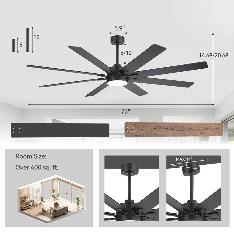 72 Inch Black Large Ceiling Fan with Light and Remote(8-Blade) - Satin Nickel
