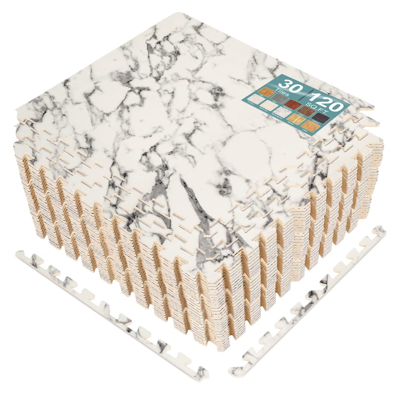 Sorbus 120 Sq. Ft. Wood Grain Floor Tiles Foam Mat EVA Interlocking Mats Tile 3/8-Inch Thick Flooring Wood Puzzle Exercise Mats - Marble White