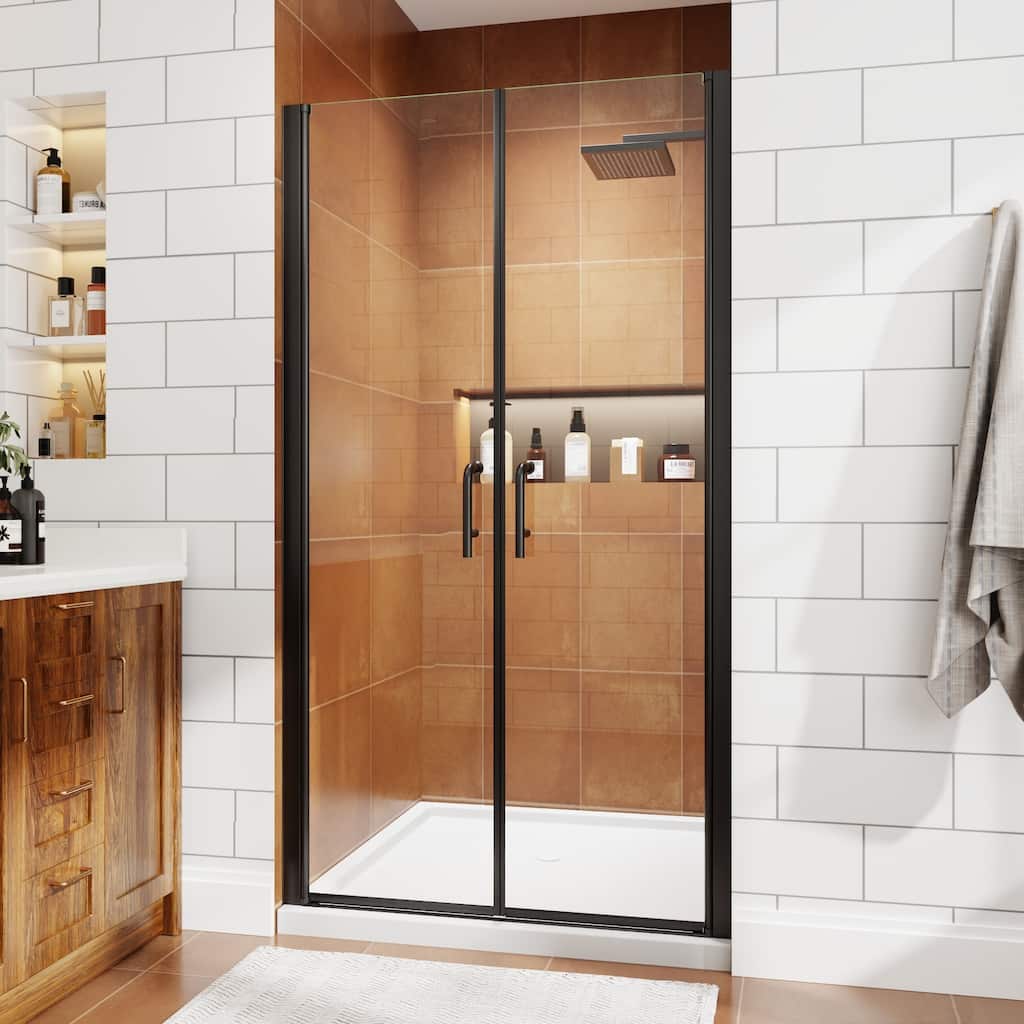 40-48" Matte Black Pivot Shower Door, 180degree Double Opening, 1/4'' ANSI Glass, 304 Stainless Steel