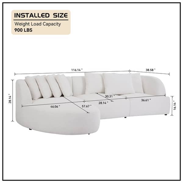 dimension image slide 2 of 5, Contempory Curved L-Shaped Sectional Sofa with Chaise – Extra Wide White Upholstered Luxury Lounge