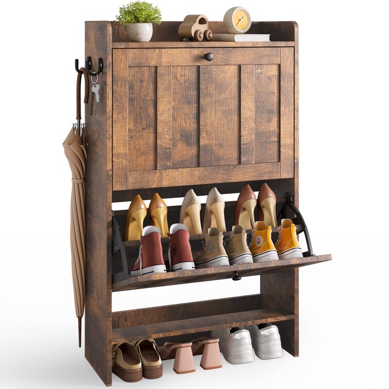 Shoe Cabinet with Flip Drawers, Slim Shoe Storage Cabinet for Entryway, Freestanding Narrow Rack with Open Storage
