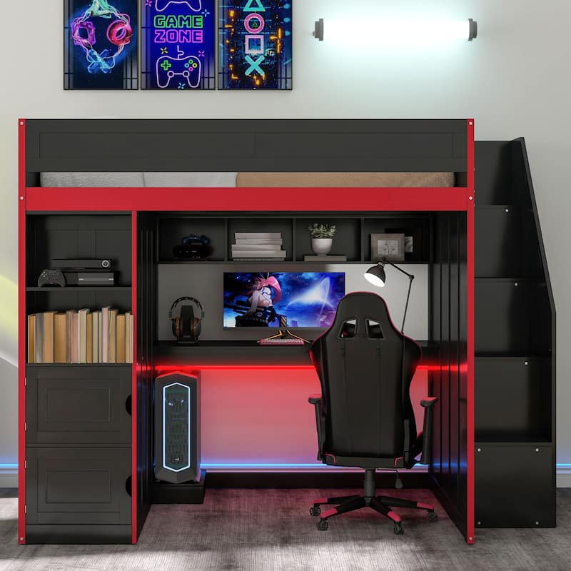 GDFStudio - Wooden Loft Bed with LED Desk, USB Ports and Dual Storage Drawers