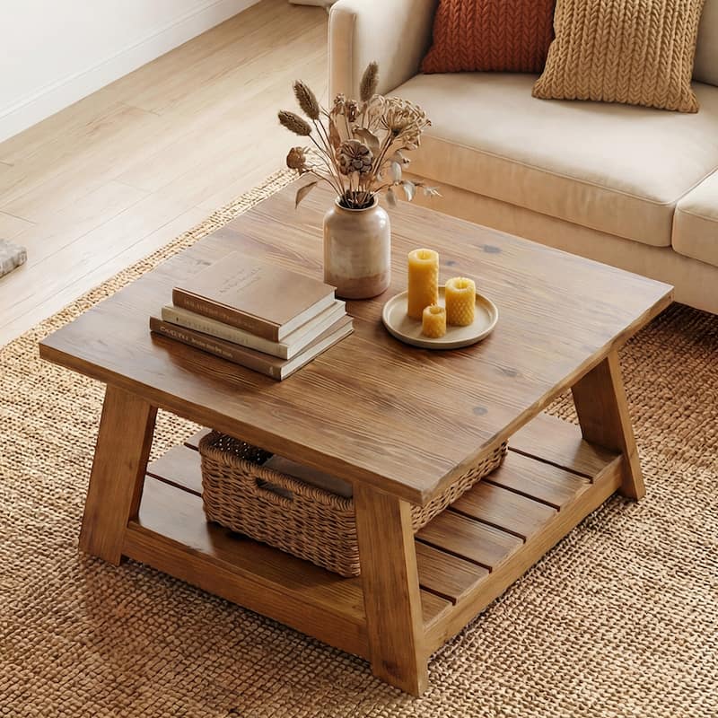 Solid Wood Square Coffee Table for Living Room, 31.5" Farmhouse Center Table