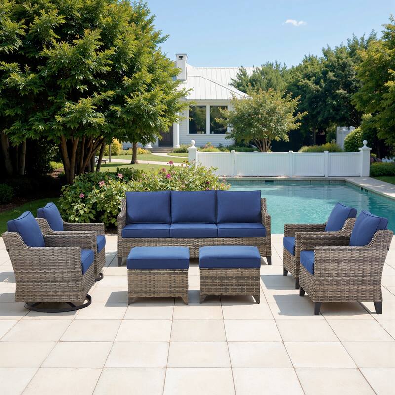 Pocassy Wicker Patio Sofa Glider Swivel Chair Ottoman Furniture Set. - Blue Cushion Gray Wicker - 7-Piece Sofa Chair Ottoman w/ Swivel Chair Set
