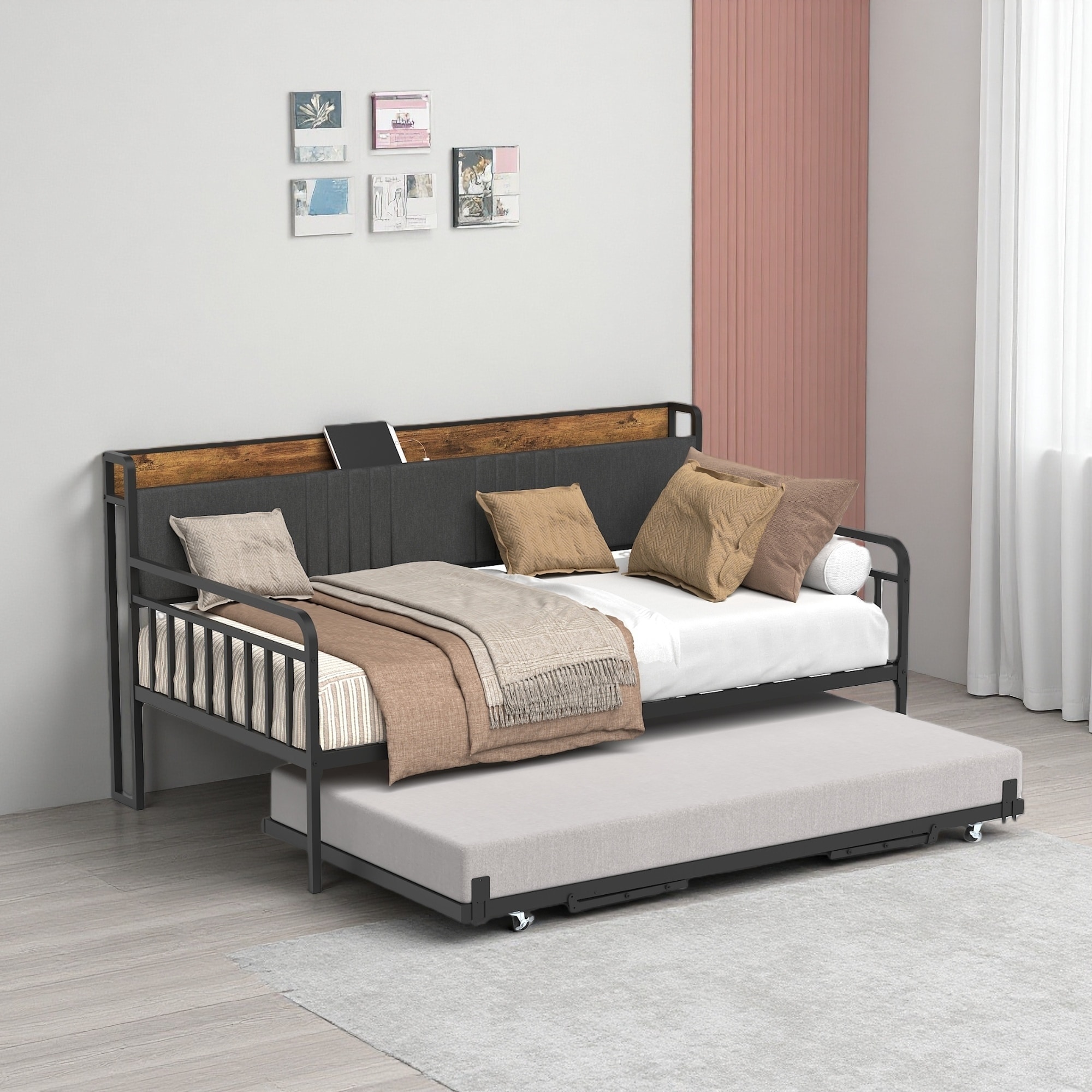 Twin Size Daybed with Trundle, Metal Bed Frame with Upholstered Headboard, Charging Station & RGB LED Lighting, Lockable Casters