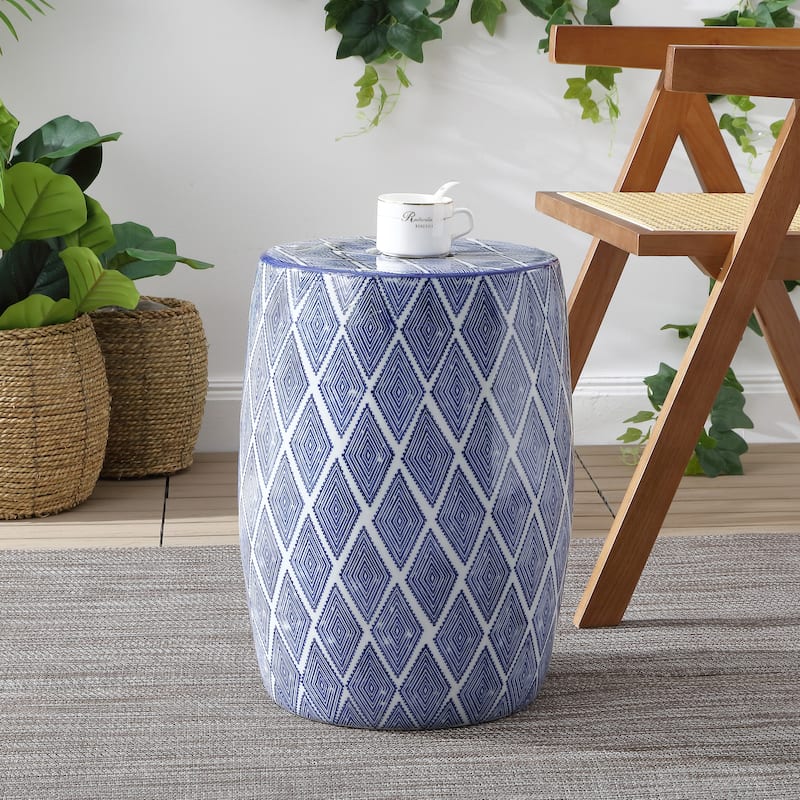 Moroccan Diamonds 18" Ceramic Drum Garden Stool, Blue by JONATHAN Y