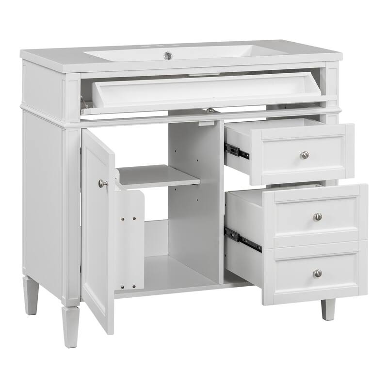 Freestanding Bathroom Vanity & Wall Mounted Mirror Cabinet Set with Resin Sink, Open Shelves, Drawers and Adjustable Shelves
