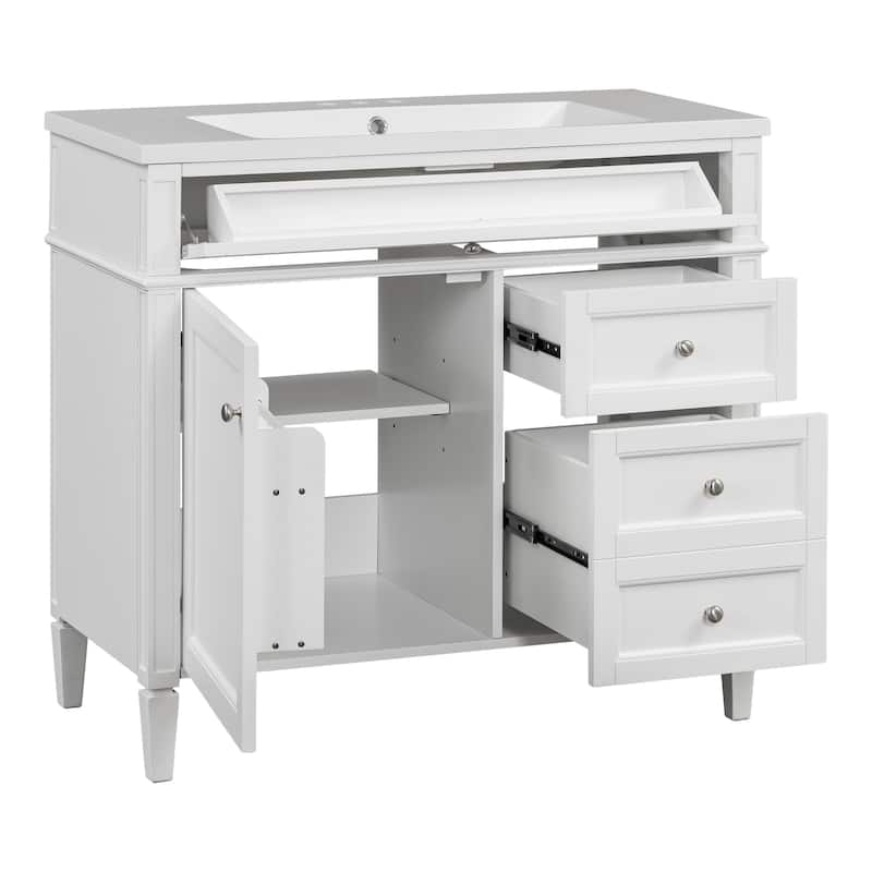 Modern Storage Cabinet Bathroom Vanity with Resin Sink, Tip-out Drawer, 2 Drawers, Side Door Organizer and Adjustable Shelf