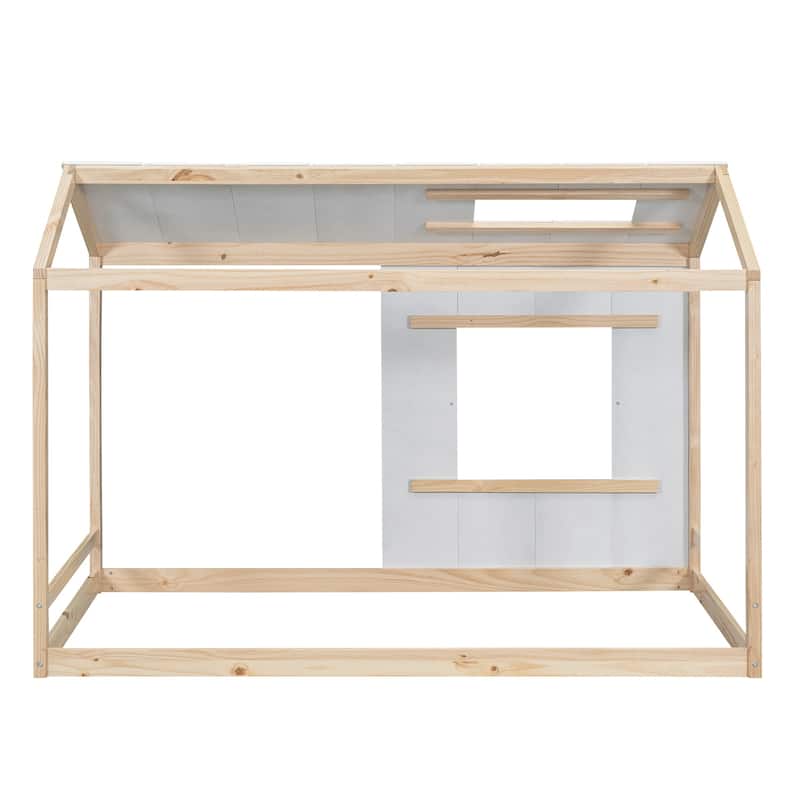 Twin Size House Platform Bed with Roof and Window, Sturdy Wood Frame