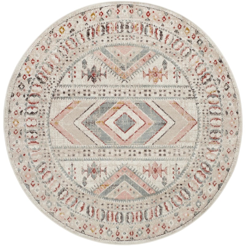 Livabliss Ankara Updated Traditional Tribal Area Rug - 7'10" x 7'10" Round - Pink/Beige