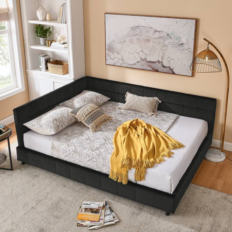 L-shape Frame Sofa Bed Upholstered Tufted Bed Velvet Daybed