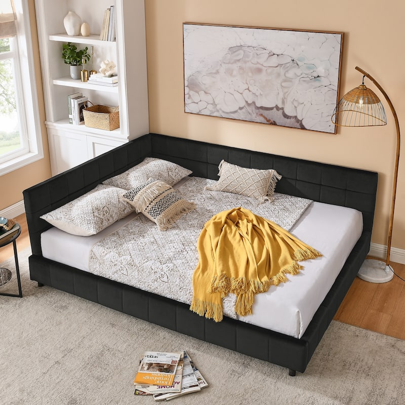 Mid-Century Velvet Queen Daybed with Tufted Backrest and Armrest, Convertible Sofa Bed Frame, Sturdy Upholstered Platform
