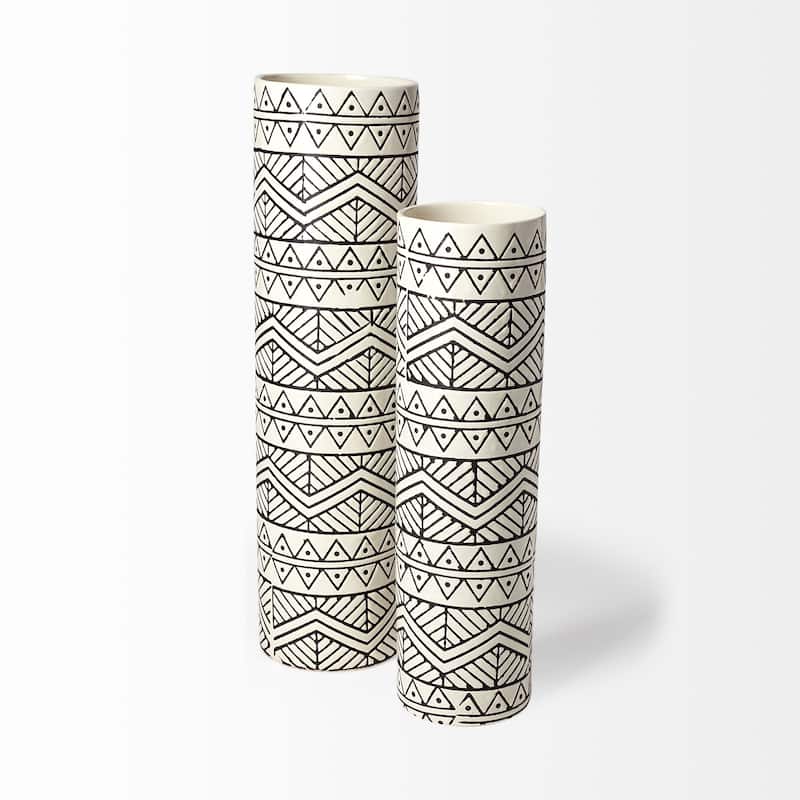 Uhura I Small Cream Black Patterned Cylindrical Vase