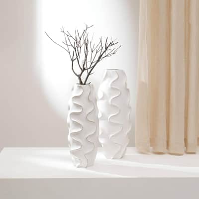 Kymira Decorative Handcrafted Mango Wood White Vase for Living Room- 6X17"