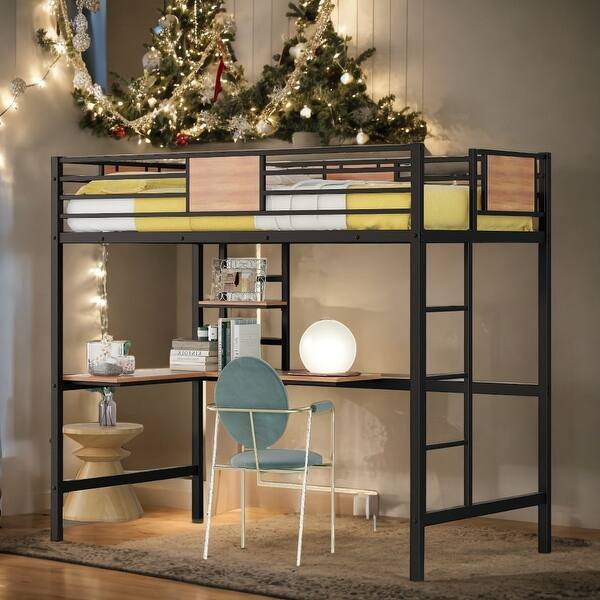 slide 2 of 15, Twin Metal Loft Bed with Shelves, 2 built-in ladders and Desk, Black Black