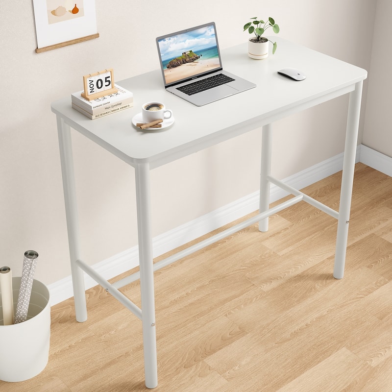47 inch Counter Height Bar Table, Rectangular Dining Counter Tables with Metal Legs - White
