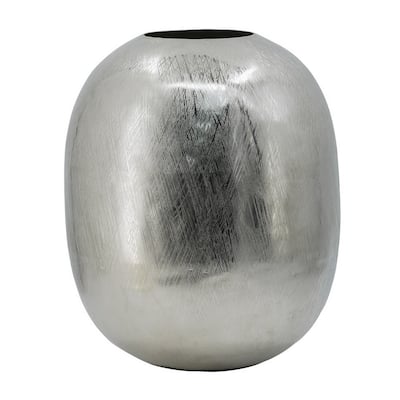 Chan 13 Inch Modern Metal Vase, Curved Round Shape Metallic Silver Finish
