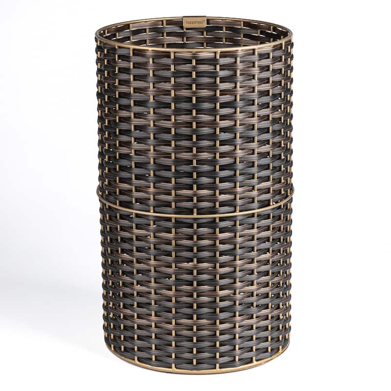 happimess Cecil Modern 4.13-Gallon Faux Wicker Cylinder Waste Basket - Dark Bronze/Gold