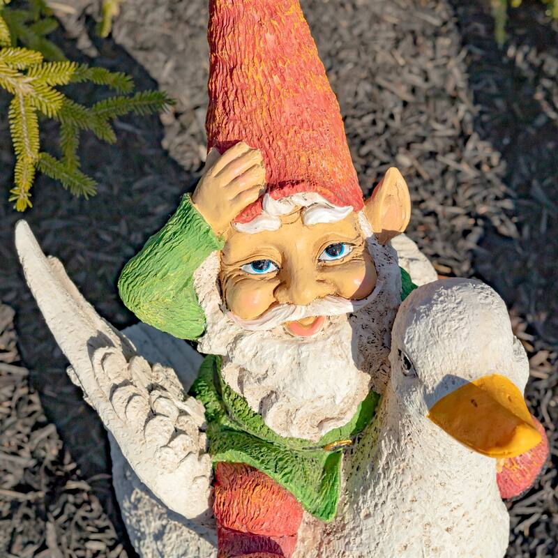 23 Inch Tall Spring Gnome Garden Statue Riding a Duck