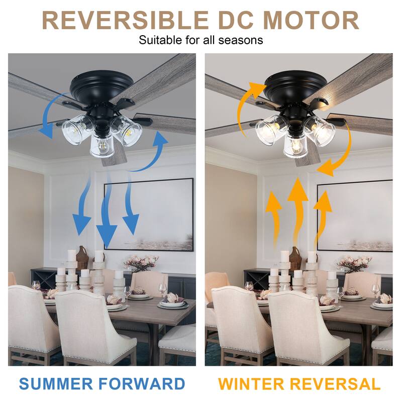 Bella Depot 52" 3-Light Brown Flush Mount Ceiling Fan with Light and Remote Control 6-speed Reversible Timer DC Motor