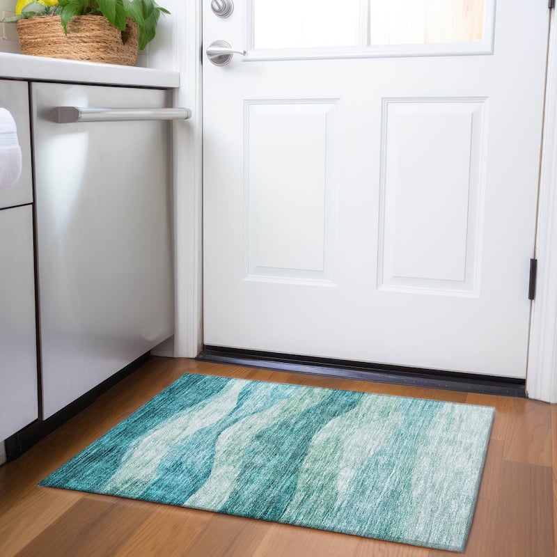 Machine Washable Indoor/ Outdoor Contemporary Waves Chantille Rug - Teal - 1'8" x 2'6"