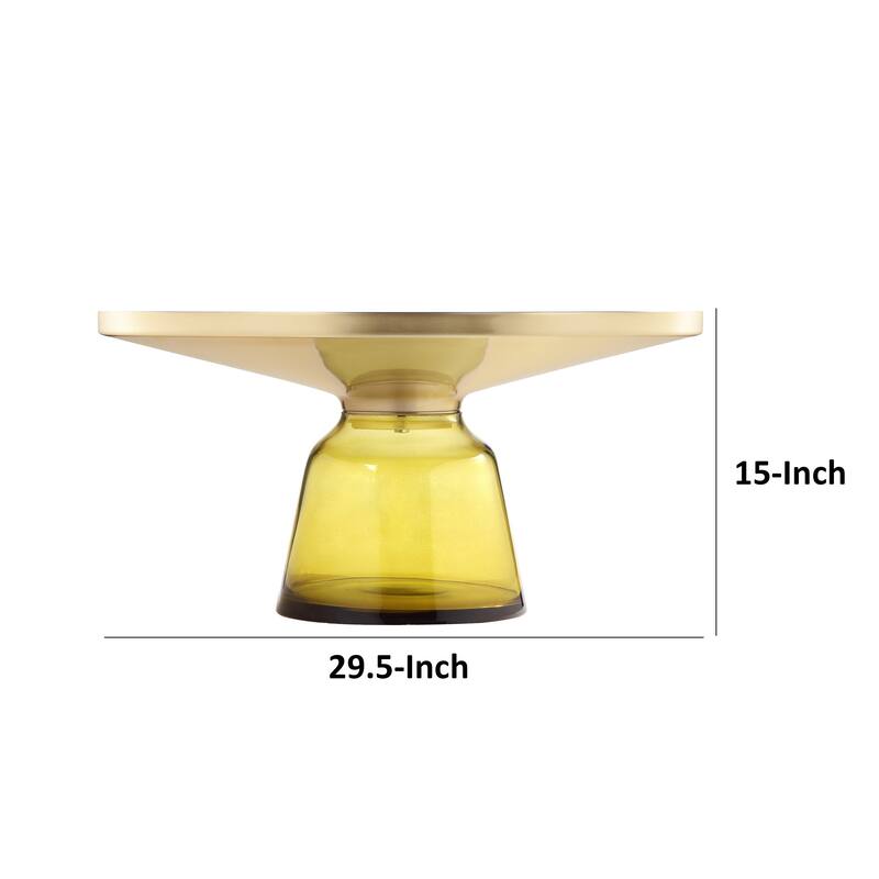 Len 30 Inch Coffee Table, Yellow Blown Glass Bell Base, Funnel Gold Steel