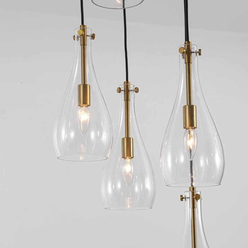 5-Light Modern Black Cluster Raindrop Clear Glass Chandelier for Kitchen Island, Staircase, Hallwya