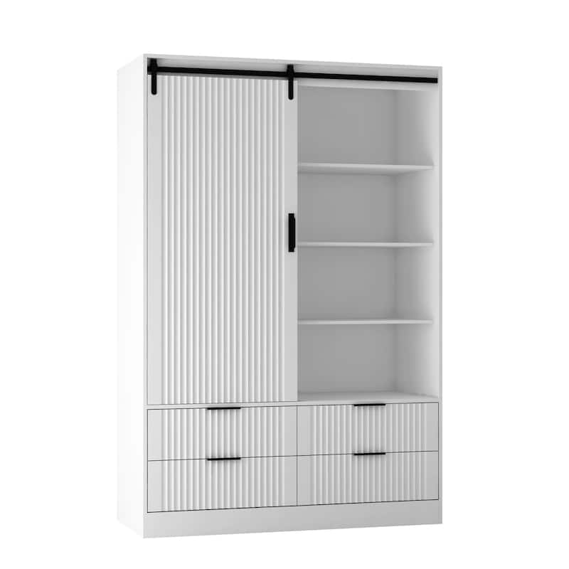 White Tall Armoire Wardrobe: Barn Door, Hanging Rod, Drawers & Open Shelves - Ideal Clothing Storage Cabinet