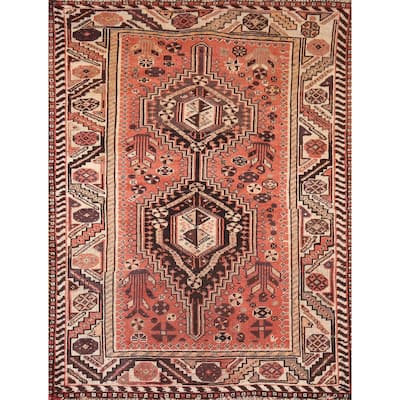 Tribal Shiraz Persian Antique Area Rug Hand-Knotted Coral Wool Carpet - 3'5"x 4'9"