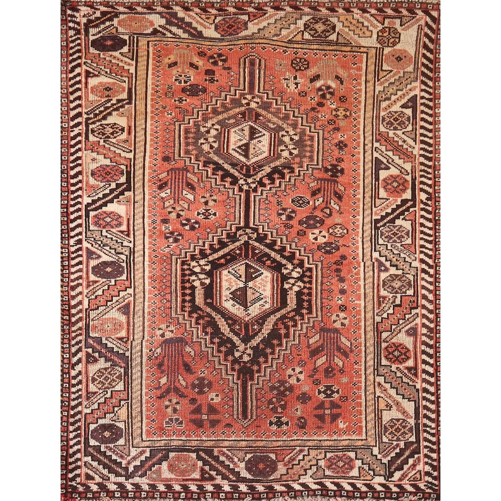 Tribal Shiraz Persian Antique Area Rug Hand-Knotted Coral Wool Carpet - 3'5"x 4'9"