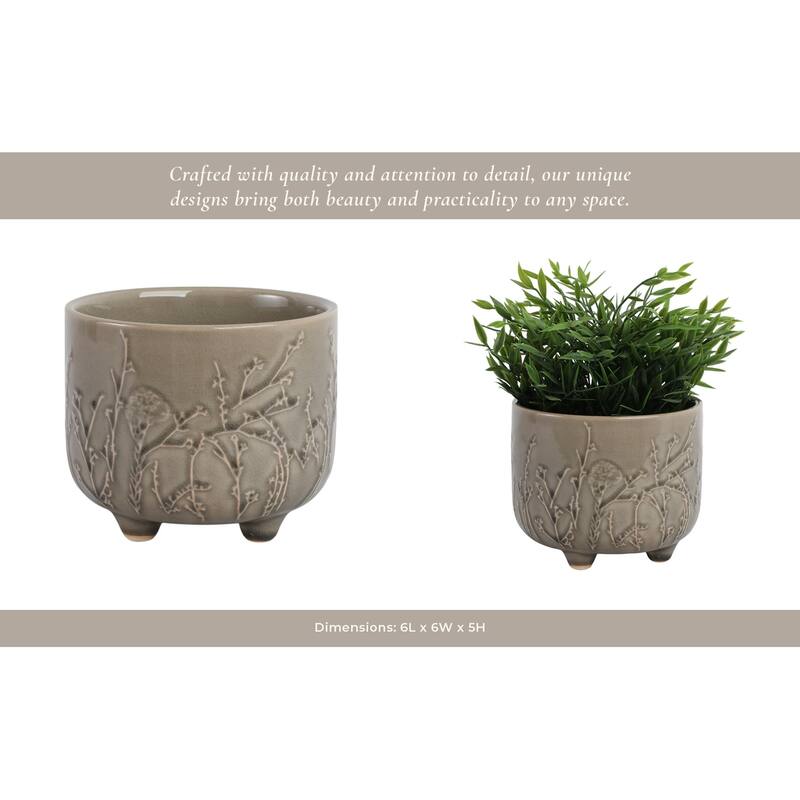 Ceramic Stoneware Planter with Raised Botanical Texture Footed Base