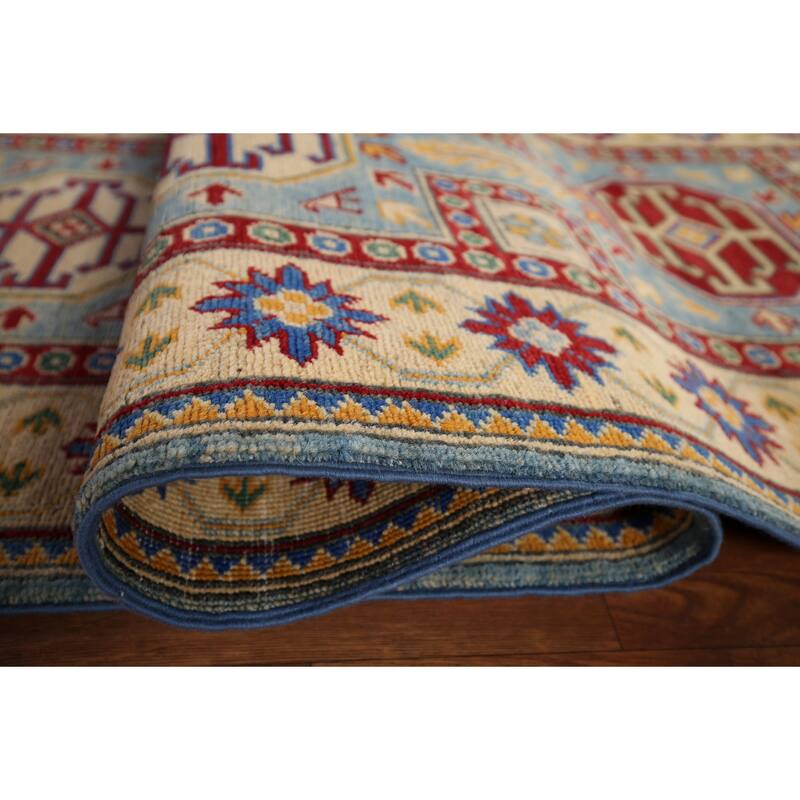 Light Blue Geometric Kazak Runner Rug Hand-Knotted Wool Carpet - 2'7" x 20'8"