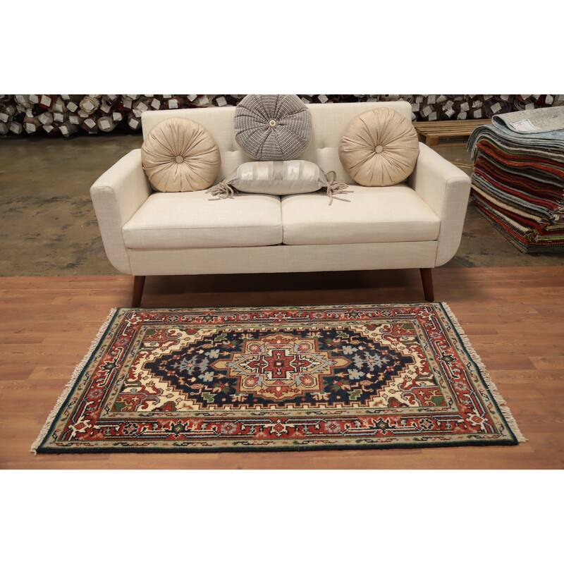 Hand Knotted Oriental 100% Wool Carpet Traditional Medallion Navy Blue & Blues Heriz (serapi) Area Rug - 5' 1'' X 3' 0''