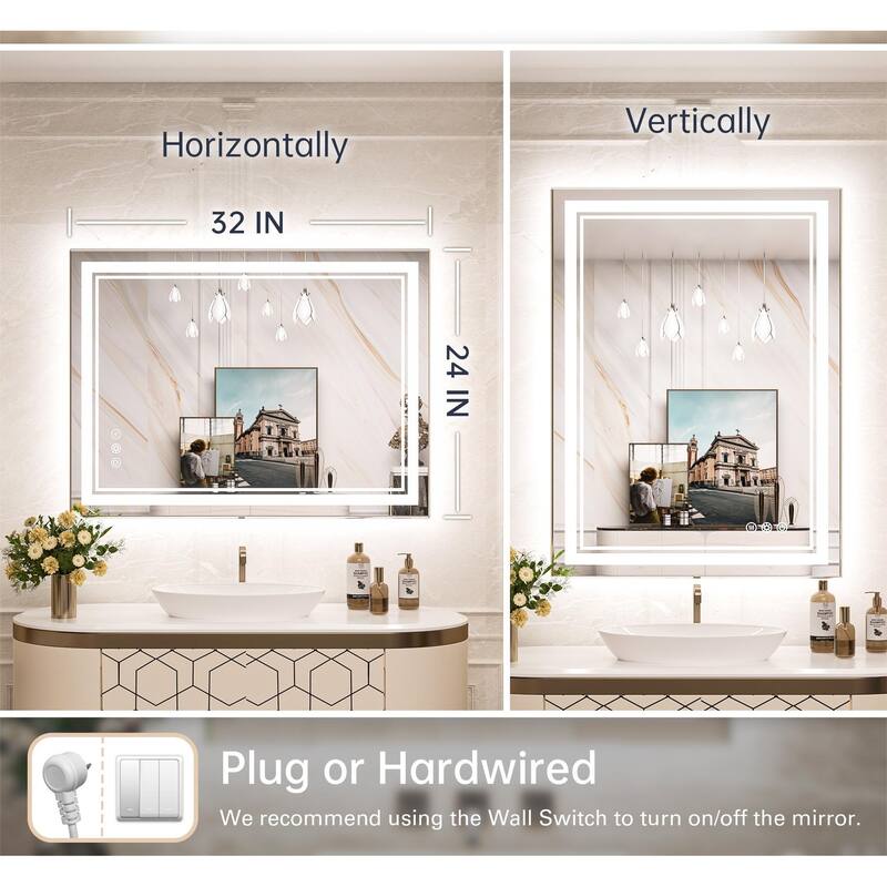 Keonjinn Rectangular Front Light & Backlit,LED Bathroom Vanity Mirror, 3 Color Temperatures, Anti Fog