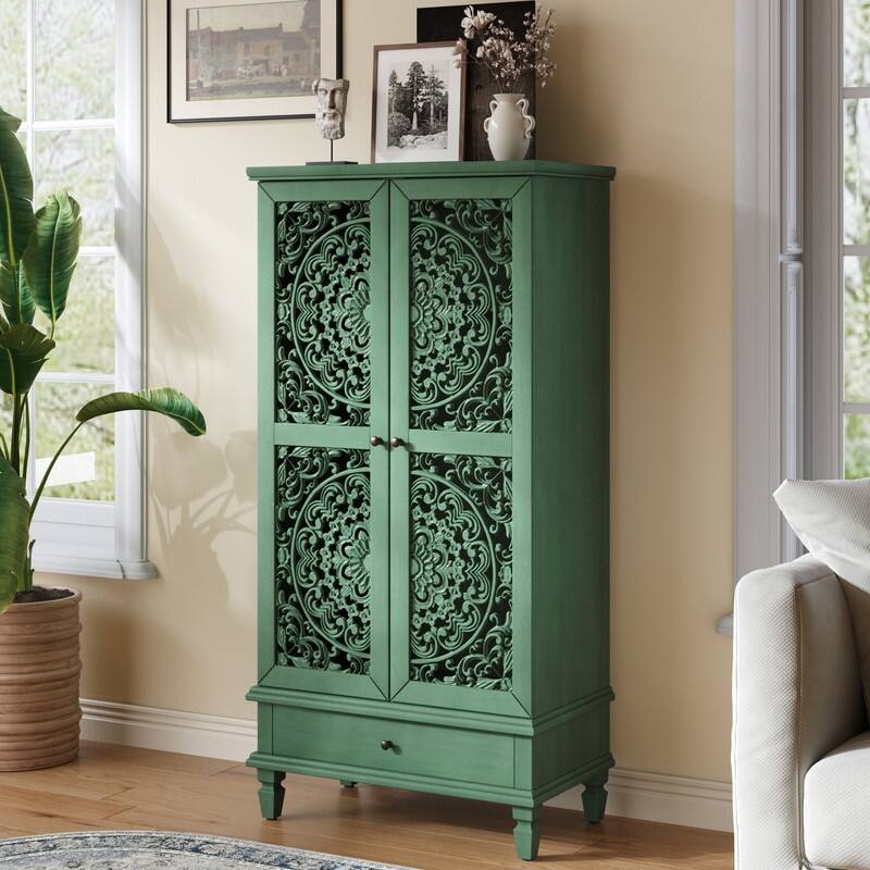 Rustic 55" Tall Storage Cabinet with Drawer, Decorative Carved Wood Accent for Living Room or Dining Area