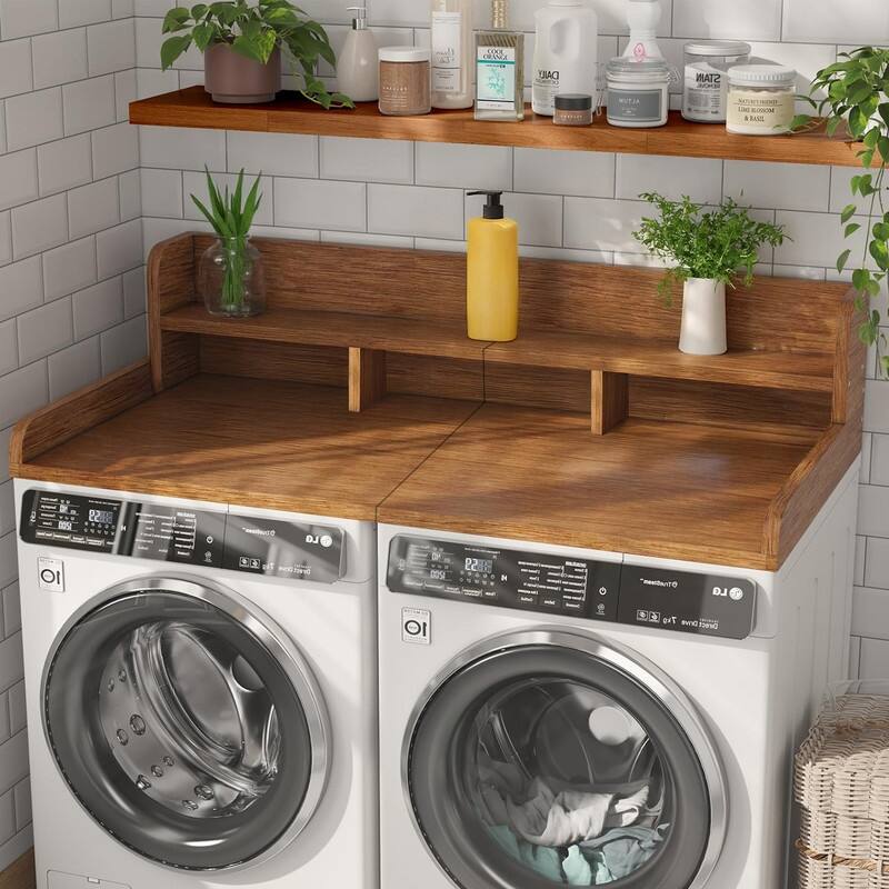 2-Tier Washer Dryer Countertop, 54" W x 27.5" D Laundry Countertop for Folding Clothes, Dual Storage & Edge Guard - Walnut